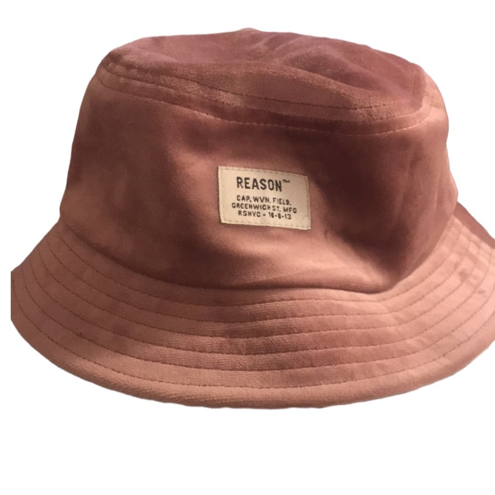 Reason pink velour bucket hat, new without tag, size small/medium, $35